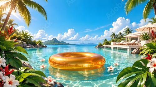 Tropical Resort Pool Scene with Orange Inflatable Ring Among Palm Trees.