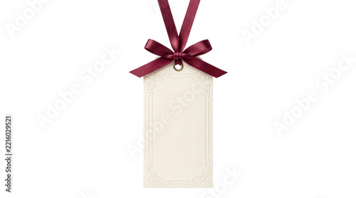 Blank cream gift tag with burgundy ribbon bow isolated on transparent background png