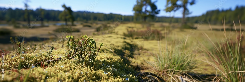 Fototapeta premium Mossy ground with dew drops and small plants