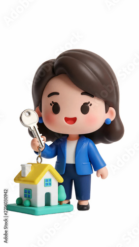 Cartoon businesswoman real estate agent figurine holding key next to small miniature house model isolated on plain white background for property purchase, mortgage loan, and housing investment