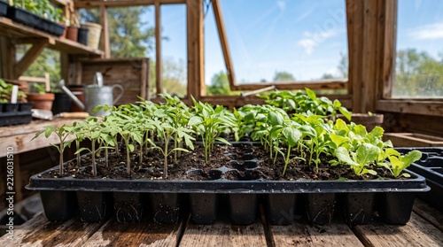 Greenhouse seedling trays with young vegetable plants