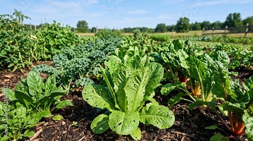 Organic vegetable garden with leafy greens and lettuce rows