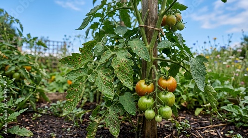 Tomato plant with Septoria leaf spot disease in garden