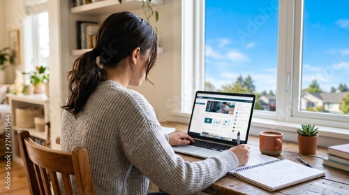 Woman working on laptop at home office desk near window