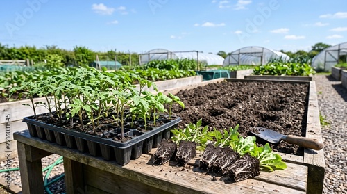 Tomato seedlings in tray ready for planting in vegetable garden