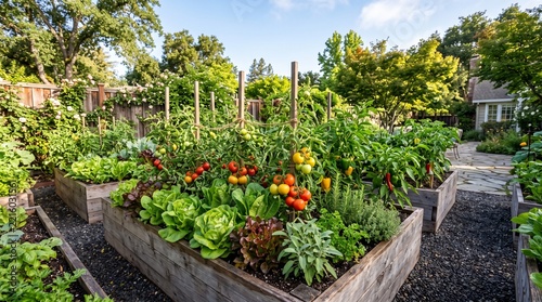 Wooden raised garden beds filled with fresh vegetables and herbs