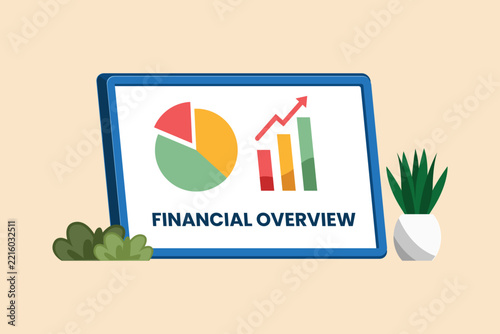 A tablet displaying financial charts and data for a clear business overview.End of year budgeting business review concept. Colored flat graphic vector ilustration isolated