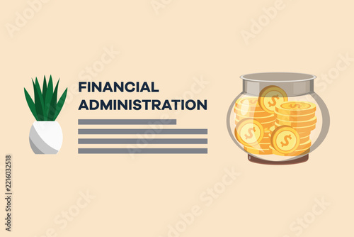 Financial administration represented by documents, savings, and organized financial records.End of year budgeting business review concept. Colored flat graphic vector ilustration isolated