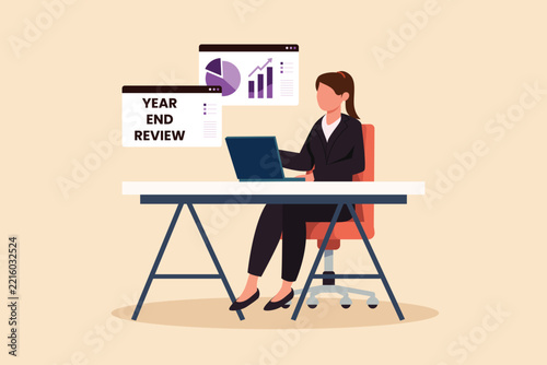 A business professional conducting a year-end financial review and presentation.End of year budgeting business review concept. Colored flat graphic vector ilustration isolated