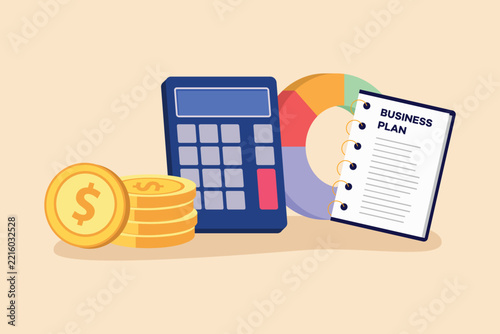 Financial documents, a calculator, coins, and a chart representing budget calculations.End of year budgeting business review concept. Colored flat graphic vector ilustration isolated