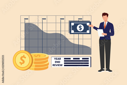 A businessman analyzing financial reports, charts, and business results.End of year budgeting business review concept. Colored flat graphic vector ilustration isolated