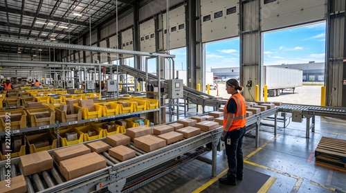 Worker managing packages on a conveyor belt in a large distribution