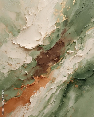 Abstract Impasto Oil Painting with Textured Sage Green White Cream Strokes and Gold Leaf Foil