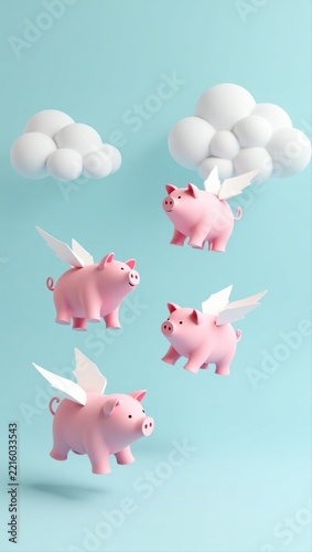 Flying Piggy Banks with White Wings and Clouds