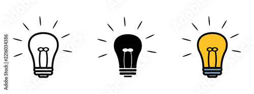 A collection of three stylized light bulb icons featuring a line art version, a solid black silhouette, and a colored yellow version, representing ideas, innovation, and creativity.