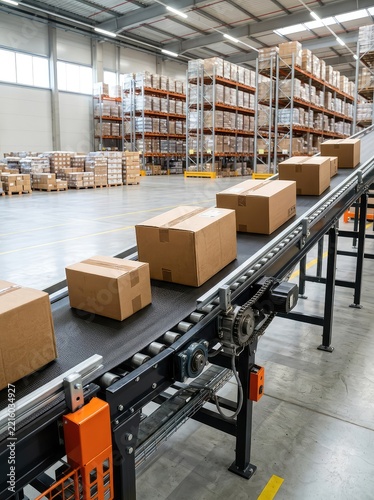 A detailed view of a heavy-duty industrial conveyor belt moving brown cardboard boxes within a vast, well-lit logistics and distribution warehouse, line, chain, steel