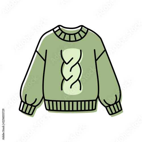 Cozy Knitted Green Sweater Vector Icon, Warm Autumn Pullover in Hand Drawn Doodle Line Art with Offset Color Fill, Comfortable Wool Knitwear Clip Art Isolated on White Background.