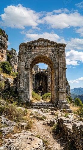 A view of a large, weather-beaten stone archway forming the grand entrance to an abandoned ancient structure, flanked by rugged terrain, overgrown, archeology, abandoned