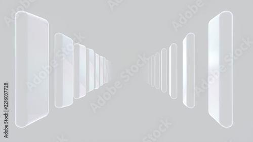 White glass monoliths forming symmetrical corridor minimalist void with soft reflections and forward tracking for modern architectural branding