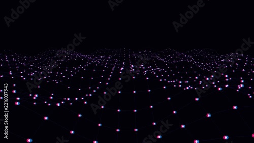 Luminous data point landscape fluctuating with topographic wave motion in dark digital void for technology branding