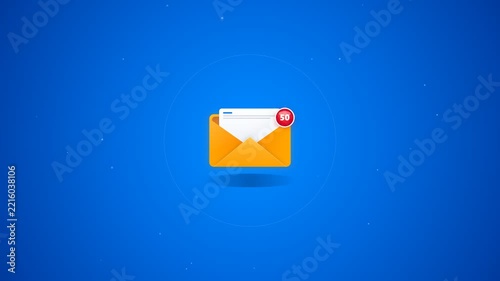 Email inbox notification icon bobbing gently over minimalist blue gradient backdrop for corporate marketing