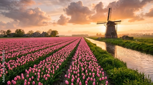 Traditional Dutch Windmill Beside Vibrant Pink Tulip Field in Netherlands Spring Landscape