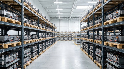 Industrial warehouse filled with tall racks stacking countless lithium-ion battery packs for electric vehicles, showcasing high supply and logistics, automotive, storage, output