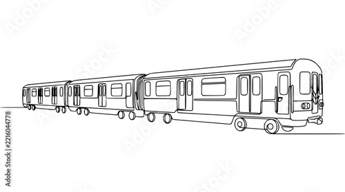 Continuous line drawing of a modern subway train, isolated on white background.