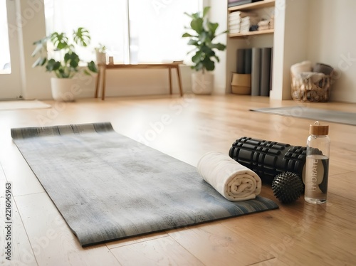 Yoga mat with foam roller towel and massage ball for recovery