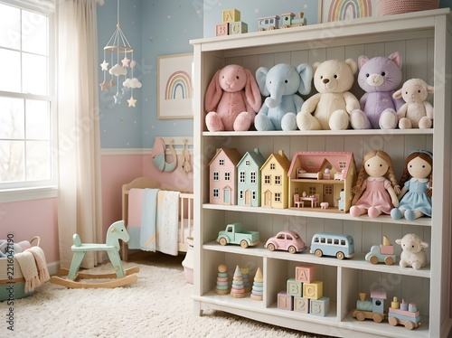 Pastel nursery shelf with stuffed animals dollhouses and wooden baby toys