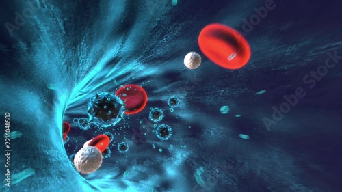 Virus Particles and Blood Cells Drifting in Blue Fluid