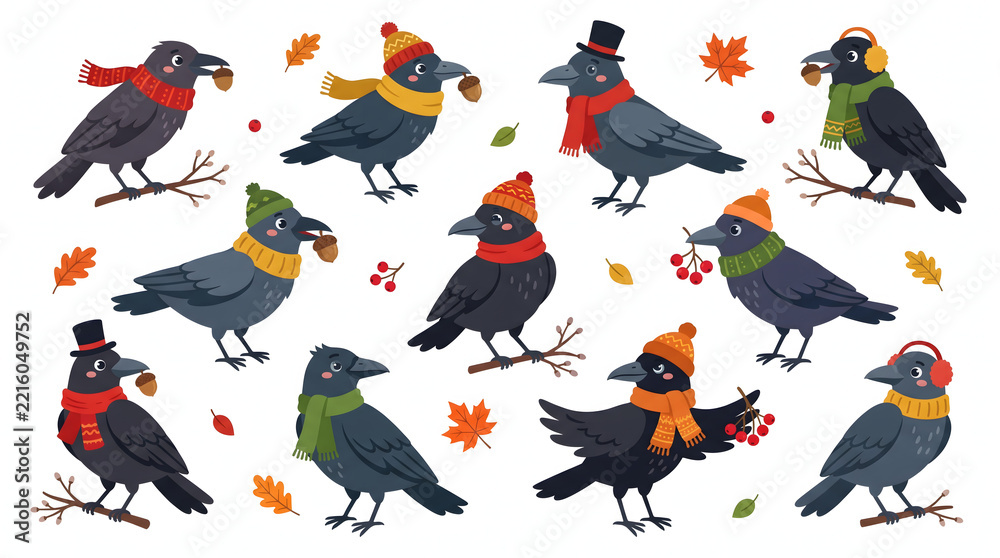 Fototapeta premium Cute black raven characters wearing cozy winter scarves and hats with autumn leaves and acorns
