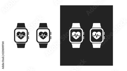 Collection of smartwatch designs featuring heart rate monitor symbol in black and white variations showcasing health technology and modern style