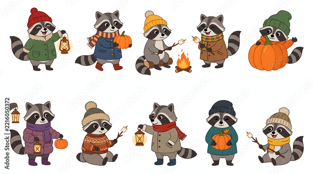 Fototapeta premium Cute cartoon raccoons in winter clothes holding pumpkins and lanterns for cozy autumn season