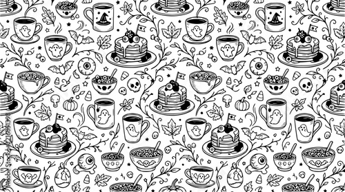 Halloween Pattern: Coffee Cups, Pancakes, Spooky Treats & Autumn Leaves
