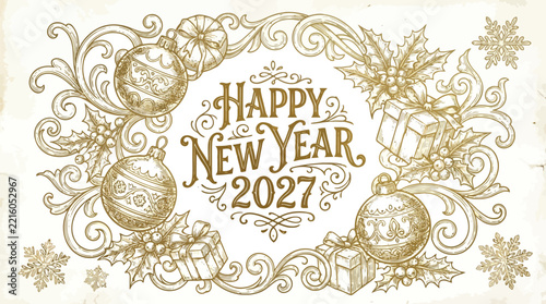 A greeting card illustration with happy new year 2027 text