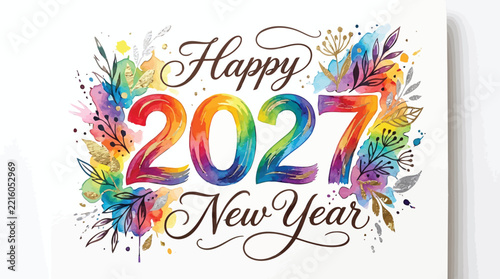 Happy new year 2027 greeting card with colorful watercolor floral elements