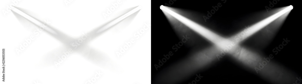 Fototapeta premium Two soft spotlight beams from top corners crossing in an X shape through light smoke for stage scenes in PNG, Transparent and Black Background Versions