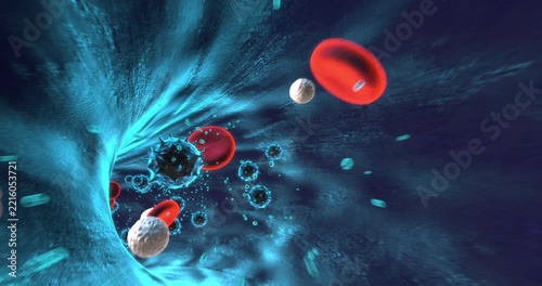 Blood Cells and Virus Particles in a Blue Vessel Animation
