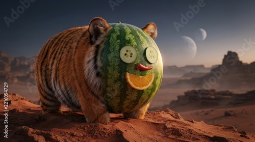 Hyper fantastical creative food art hybrid character portrait in surreal desert landscape with celestial backdrop.