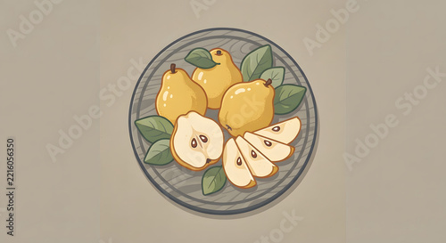 Fresh whole and sliced pears on a wooden platter