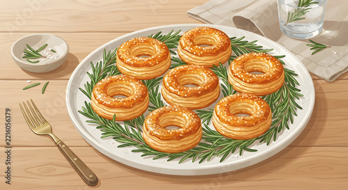Gourmet kouign-amann pastry rings with fresh rosemary and sea salt