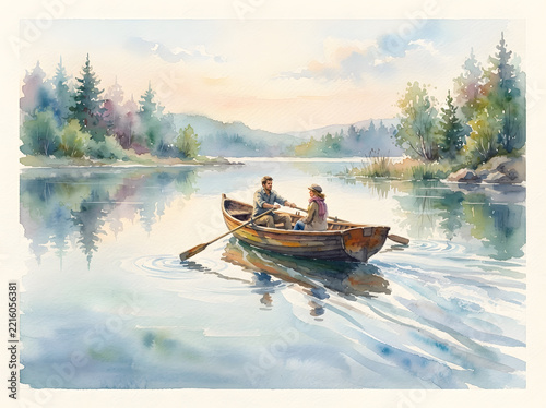 A couple rowing a wooden boat on a serene lake surrounded by pine forests