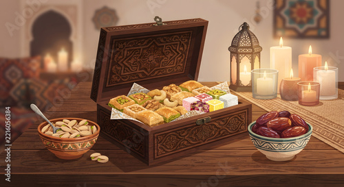 Traditional festive sweet treats in a carved wooden box