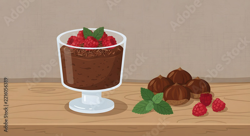 Chocolate mousse in a glass bowl with chestnuts and raspberries