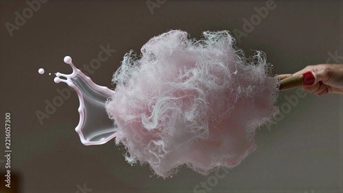 Soft pink cotton candy swirls, sweetly suspended on a stick against blurred green backdrop.