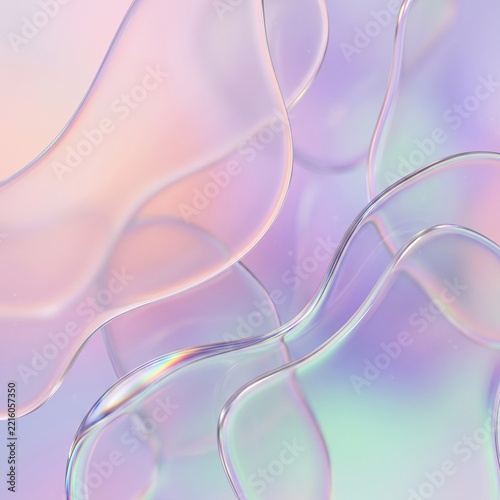 Abstract Iridescent Translucent Liquid Glass Shapes Background with Pastel Gradient. 
