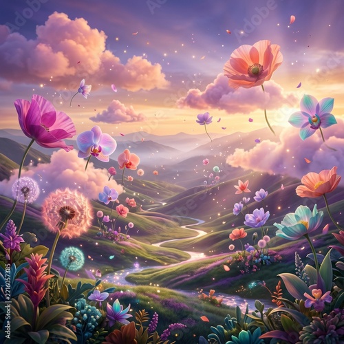 Magical Fantasy Landscape with Giant Blooming Flowers and Floating Clouds at Sunset. 