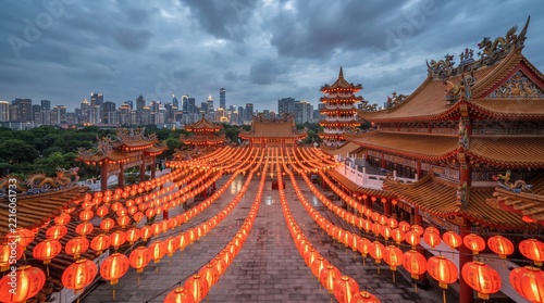 Beautiful traditional Chinese temple decorated with rows of red lanterns at twilight with a modern city skyline in the background