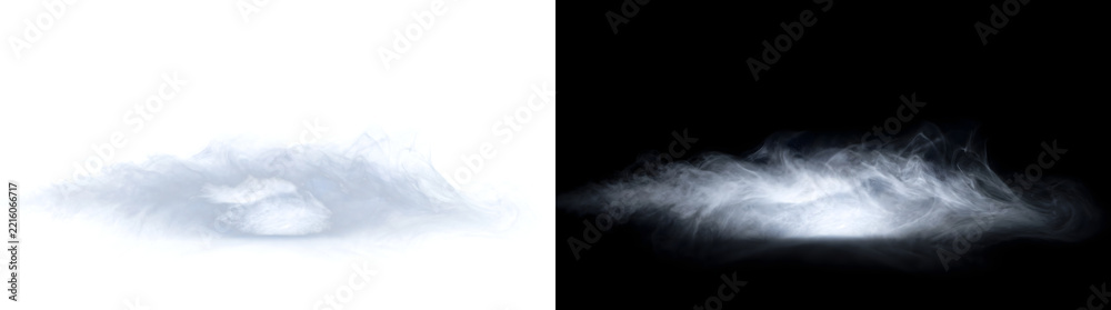 Naklejka premium Fog hovering low over the ground in a wide bluish white mist cloud for spooky scene designs in PNG, Transparent and Black Background Versions